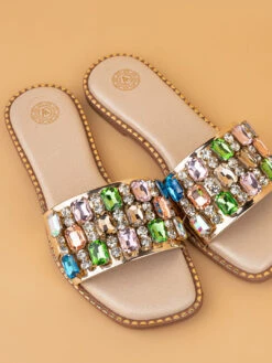 Aberto Torresi Gold Embellished Slide Sandals – Luxe Design With Multicolor Crystals -Modern Shoes World 1003 MULTI GOLD N 6