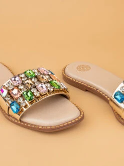 Aberto Torresi Gold Embellished Slide Sandals – Luxe Design With Multicolor Crystals -Modern Shoes World 1003 MULTI GOLD N 7