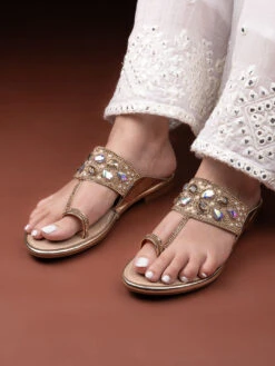 Aberto Torresi Toe-Ring Sandals – Glamorous Party Wear With Crystal Detailing -Modern Shoes World 1005 GOLD 8