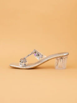 Aberto Torresi Embellished Slip-On Transparent StrapBlock Heels -Modern Shoes World 1024 Silver 3