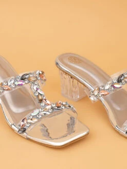 Aberto Torresi Embellished Slip-On Transparent StrapBlock Heels -Modern Shoes World 1024 Silver 6