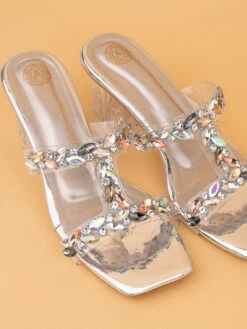 Aberto Torresi Embellished Slip-On Transparent StrapBlock Heels -Modern Shoes World 1024 Silver 7