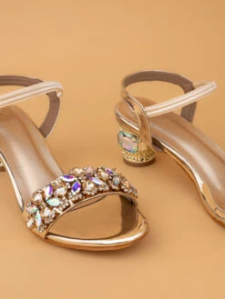 Alberto Torresi Stone Embellished Strap High Fashion Block Synthetic Heel -Modern Shoes World 1026 GOLD 6