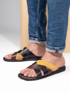 Alberto Torresi 271 Trendy Non Stitched StrapBlack Leather Men Slippers