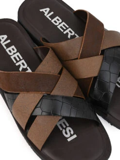 Alberto Torresi 272 Trendy Non Stitched Strap Black Leather Slippers -Modern Shoes World 59272 BLACK CROCO 7