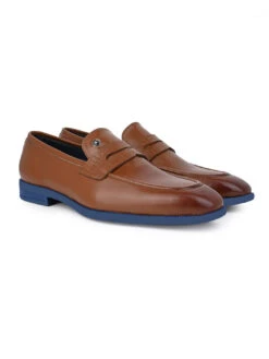 Alberto Torresi Hungary Series 610 Branded Sole Saddle Tan Loafers -Modern Shoes World 88610 TAN BLUE 2