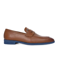 Alberto Torresi Hungary Series 610 Branded Sole Saddle Tan Loafers -Modern Shoes World 88610 TAN BLUE 3