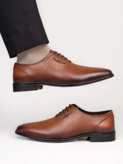 Tan Leather Lace Up Shoes For Men With Sneaker Footpad