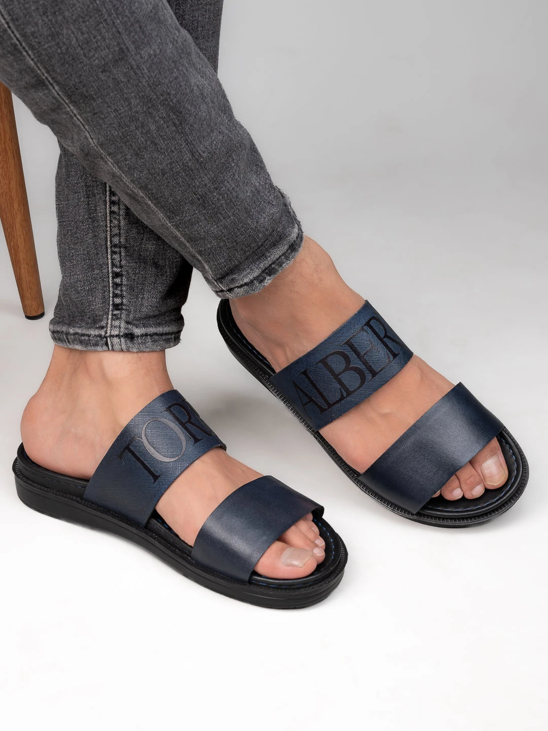 Alberto Torresi PVC Printed Branding Textured Blue Leather Men Slippers 3 Alberto Torresi PVC Printed Branding Textured Blue Leather Men Slippers